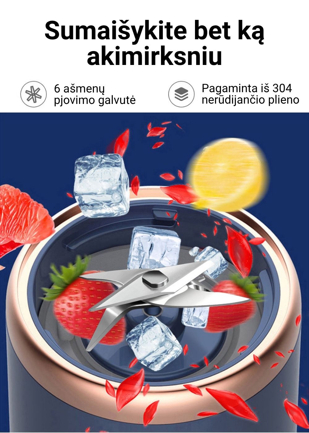 FIT2 trintuvo ašmenys su ledo kubeliais ir vaisiais 6 ašmenų nerūdijančio plieno peiliukai trintuve FIT2, apsupti ledo, braškių ir citrusinių vaisių.